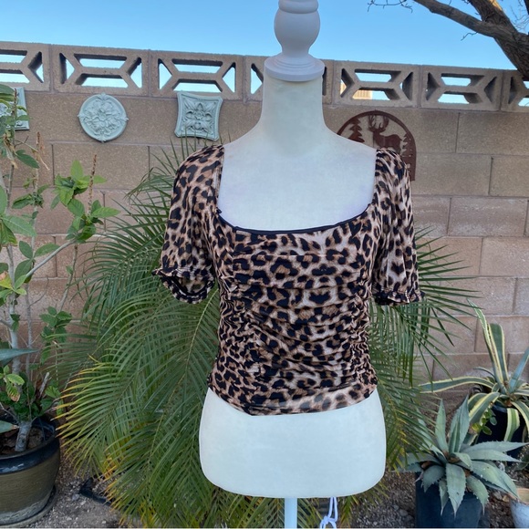 Popular 21 Leopard Print Ruched Mesh Blouse Top - Picture 2 of 8